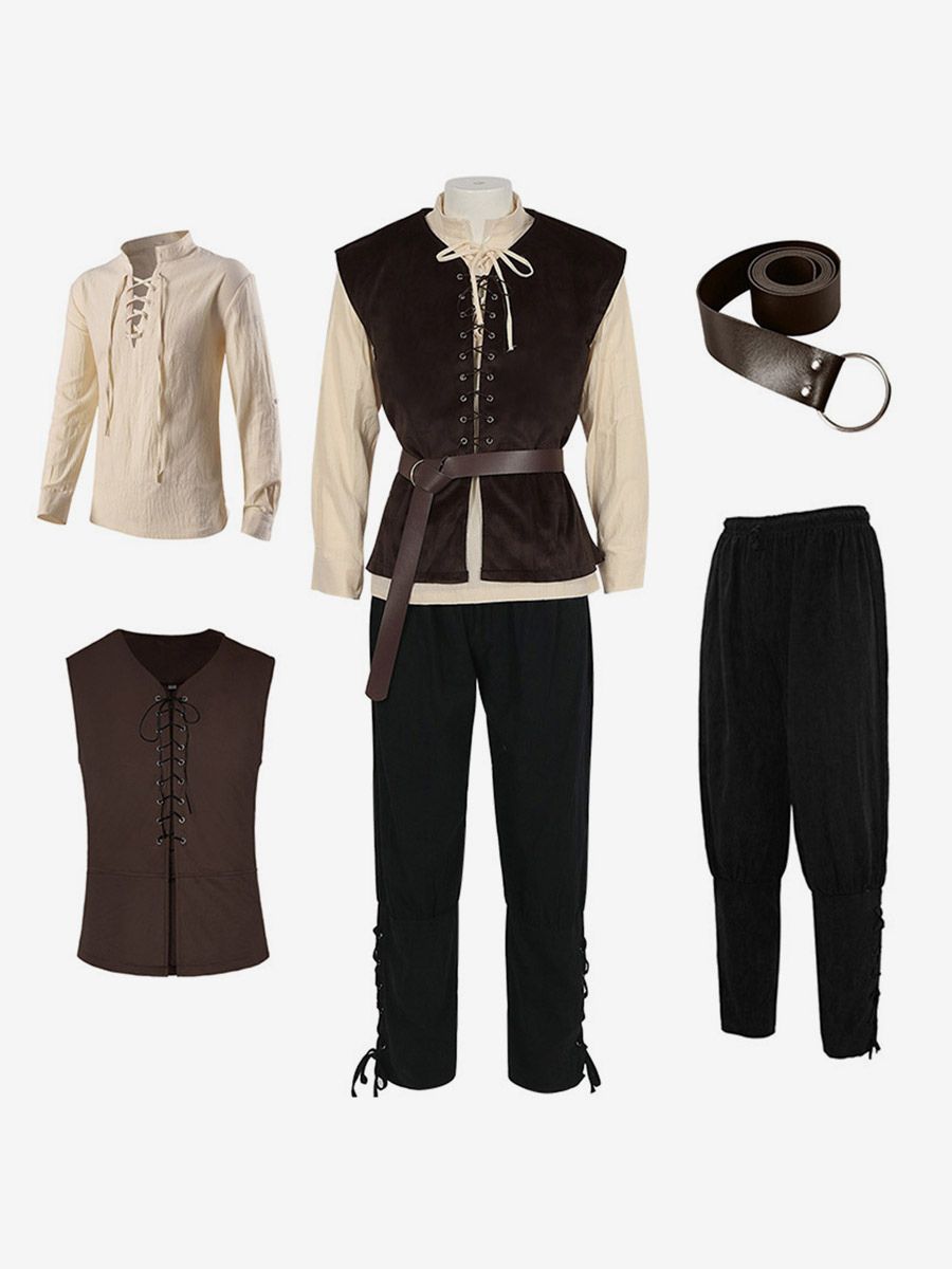 Ensemble gilet et chemise médiévaux marron et tenue de paysan/voleur Renaissance pour homme gilet à lacets et chemise de pirate pour fête médiév - milanoo.com - Modalova