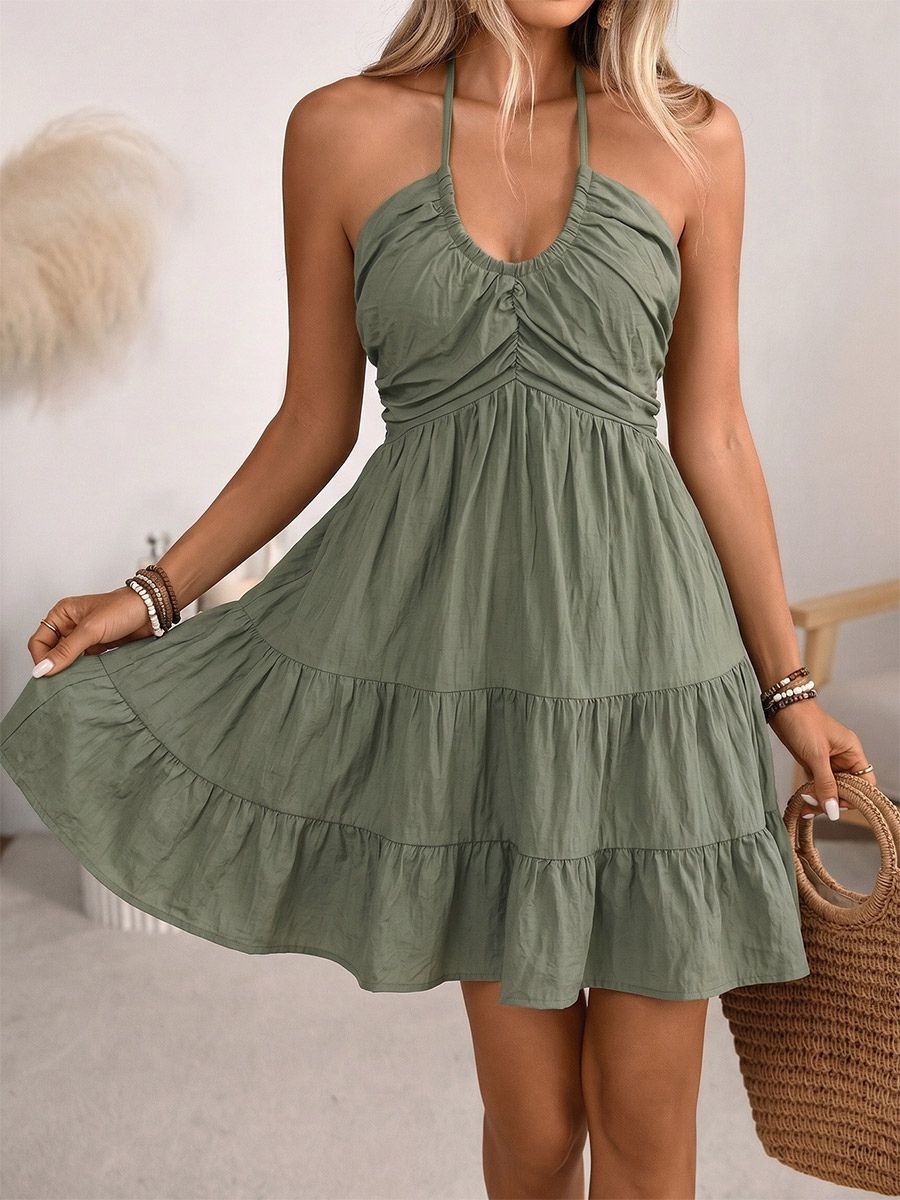 Robe de vacances midi à lacets dos nu col halter et volants étagés robe d'été pour la plage - milanoo.com - Modalova