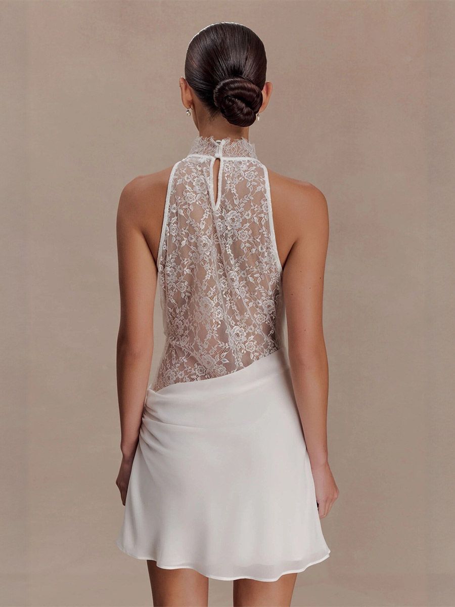 Robe de soirée blanche dos nu drapée en satin mini-robe en dentelle robe de cocktail pour mariage ou fête - milanoo.com - Modalova