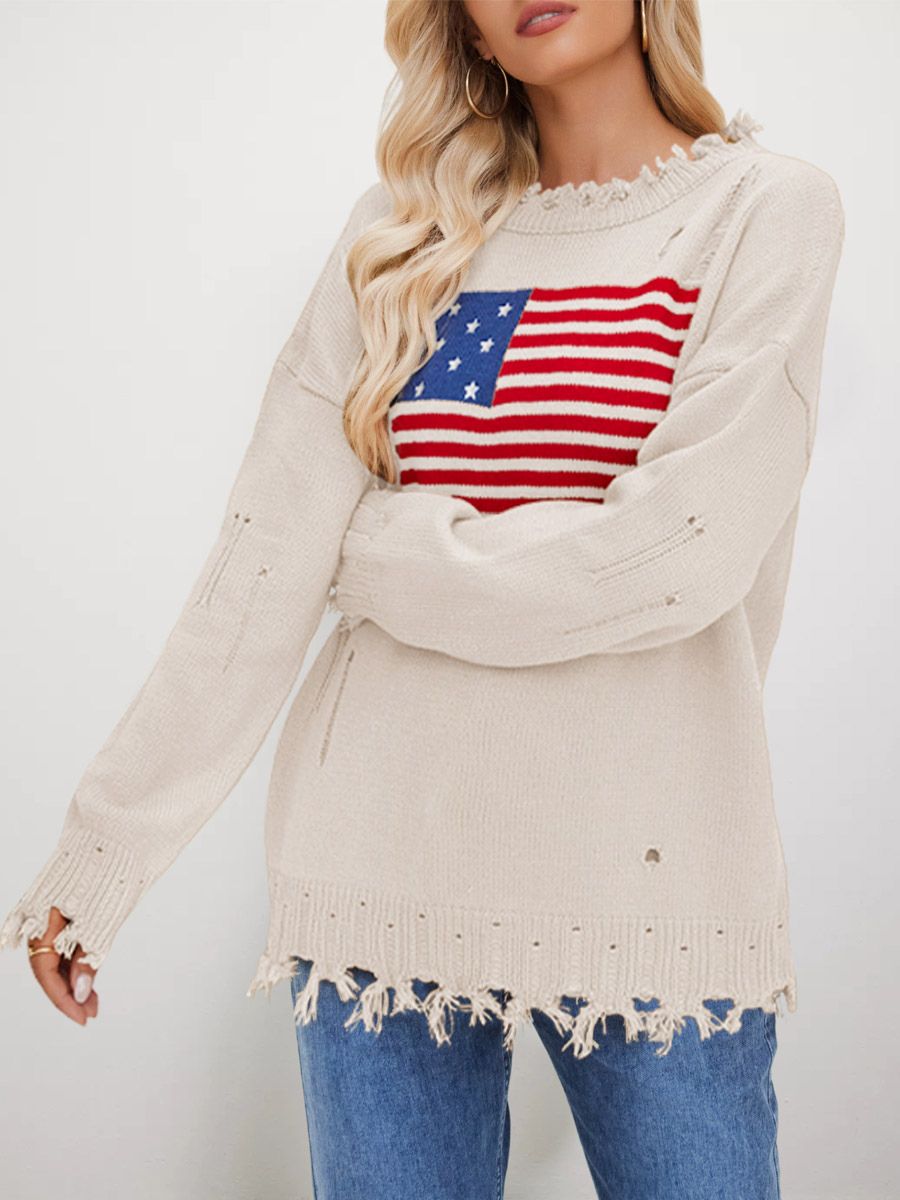 Pull à manches longues oversize en maille ourlet à franges usé motif drapeau américain col rond et ourlet ras du cou - milanoo.com - Modalova