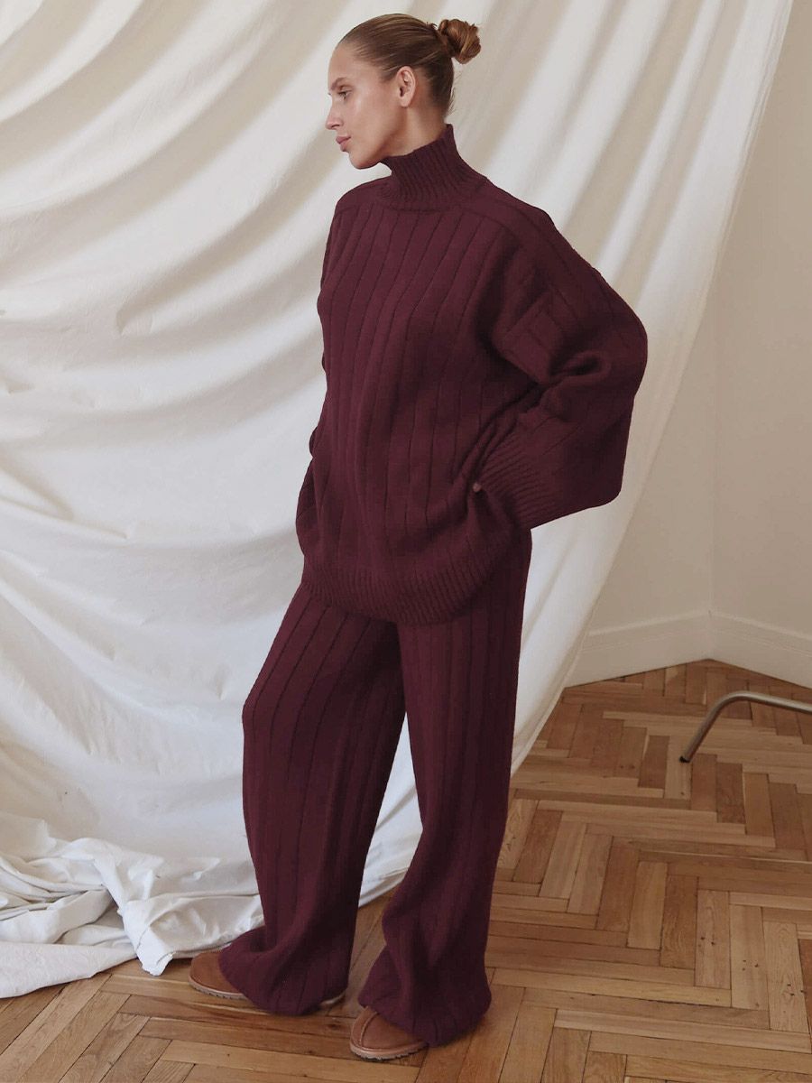 Ensemble de détente oversize vert sauge en maille côtelée : pull à col montant et pantalon large - milanoo.com - Modalova
