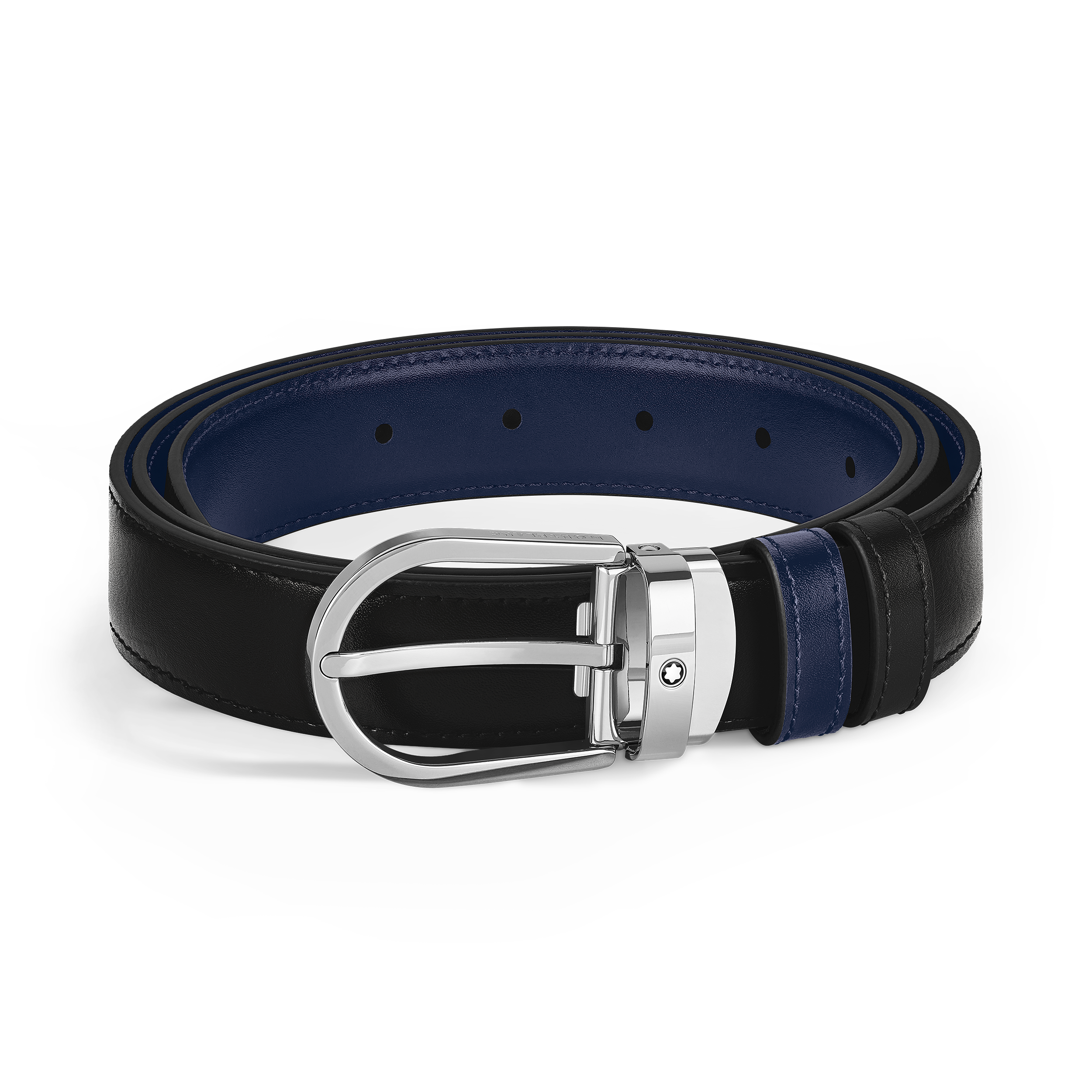 Ceinture réversible à boucle fer à cheval de 30 mm en cuir noir/bleu encre - | - Cuir - MB198586 - Ceintures - MONTBLANC - Modalova