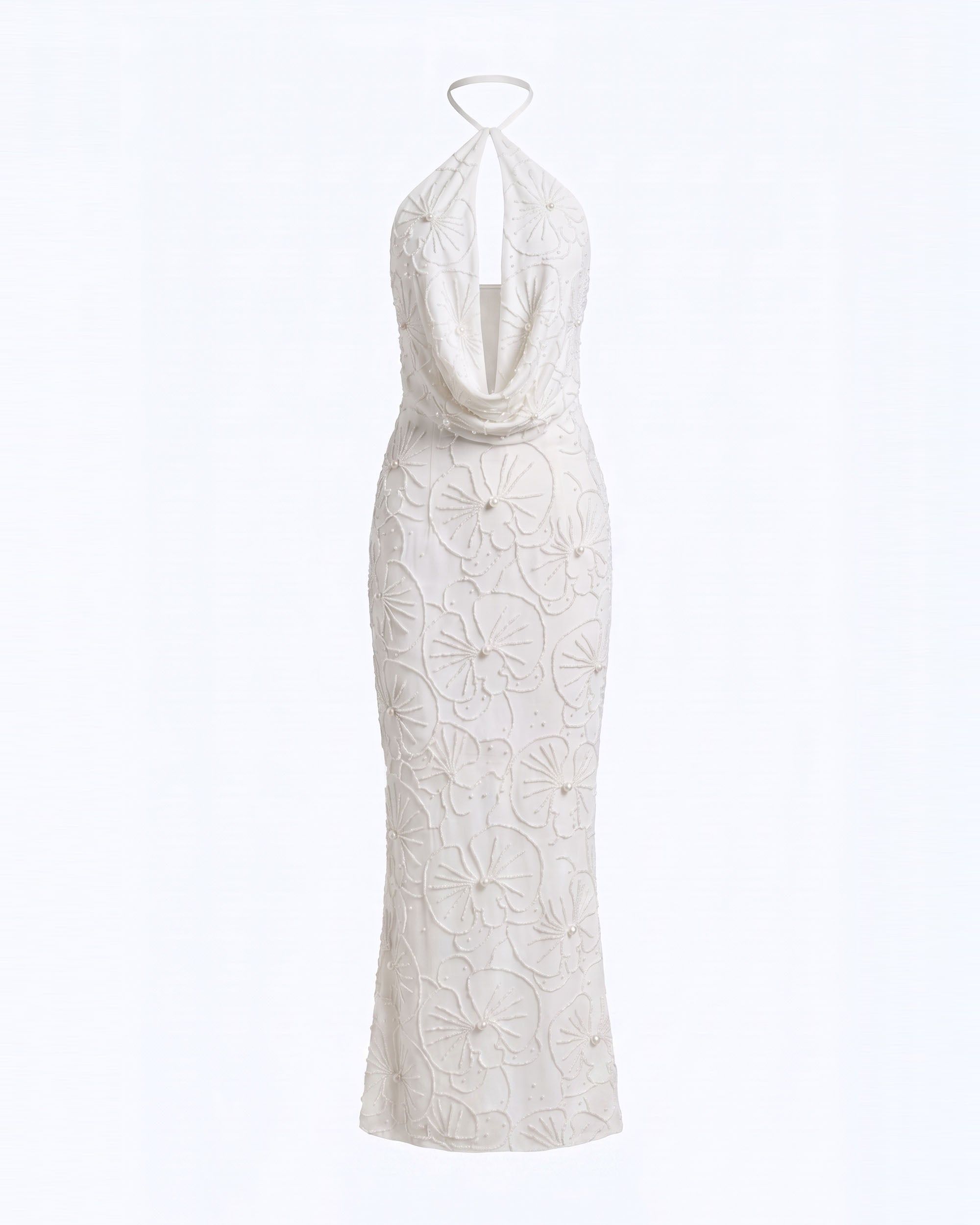 Robe longue dos nu à encolure bénitier et ouverture goutte d'eau brodée de perles Orchidée - Blanc - JW PEI - Modalova