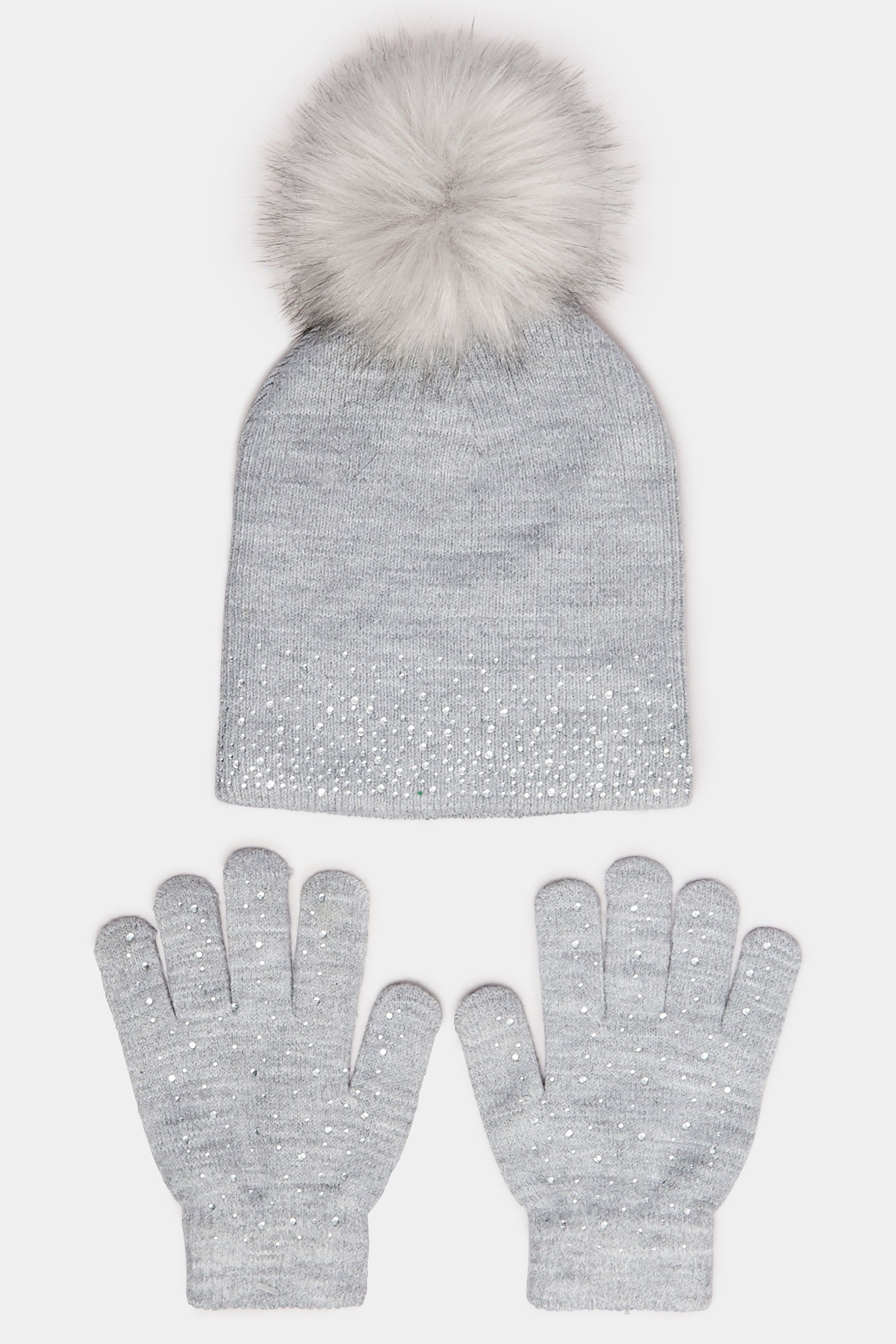 Ensemble Bonnet À Pompon Et Gants Gris Ornés De Diamantssize One Size - Yours - Modalova