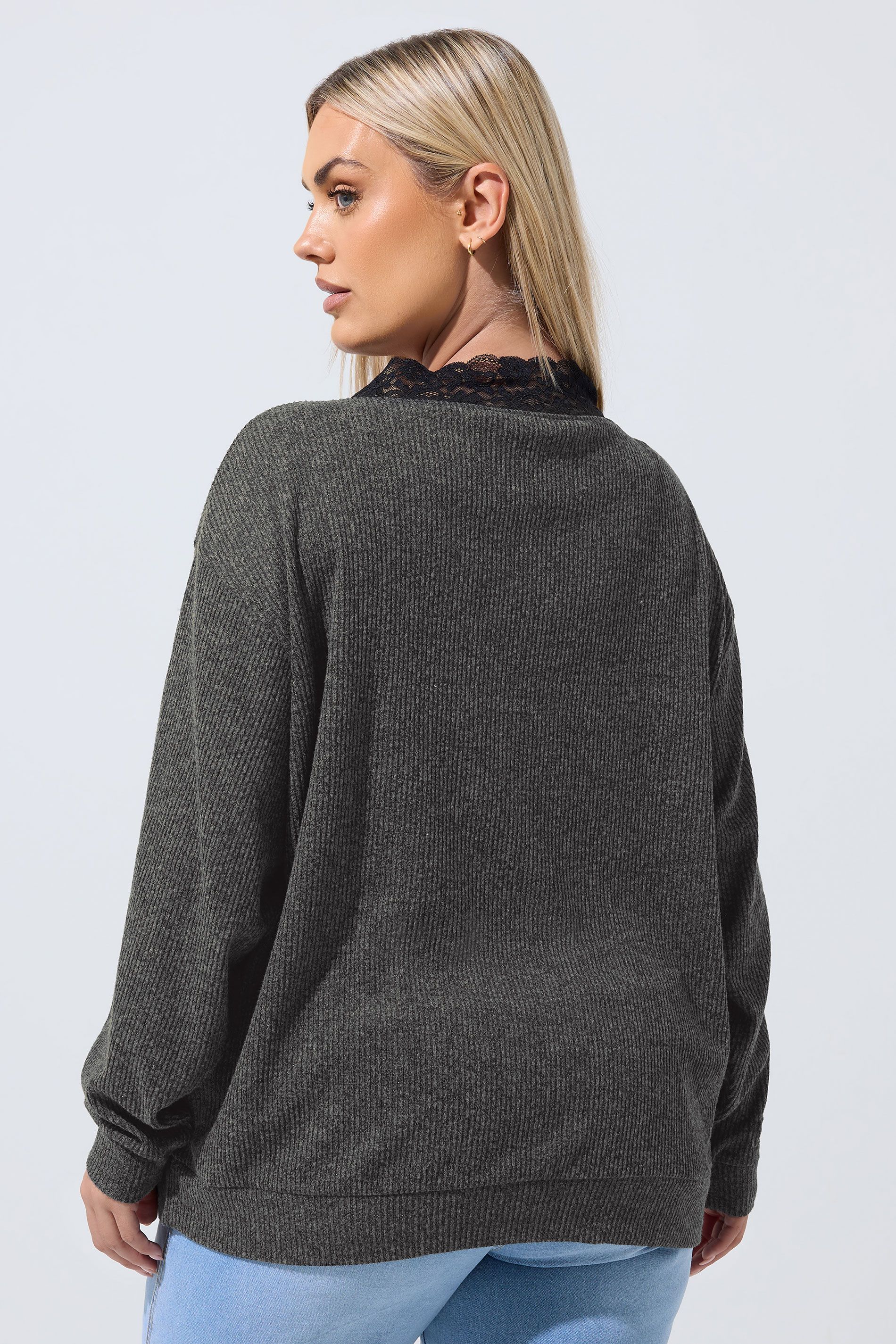 Haut Gris Côtelé Avec Bordure En Dentelle Size 44 - Limited Collection - Modalova