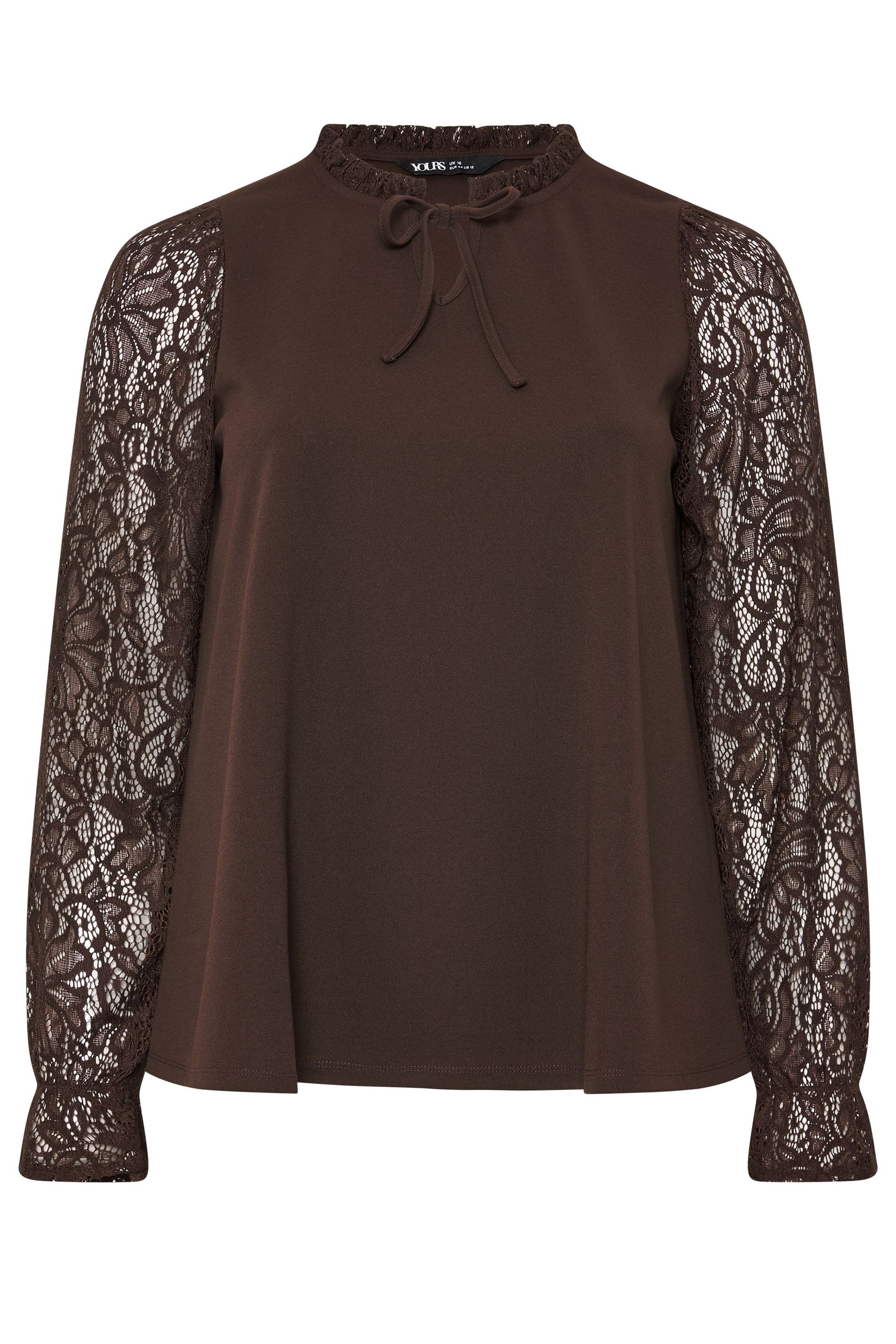 Top Marron Chocolat Noué Sur Le Devant Avec Manches En Dentelle Size 42 - Yours - Modalova