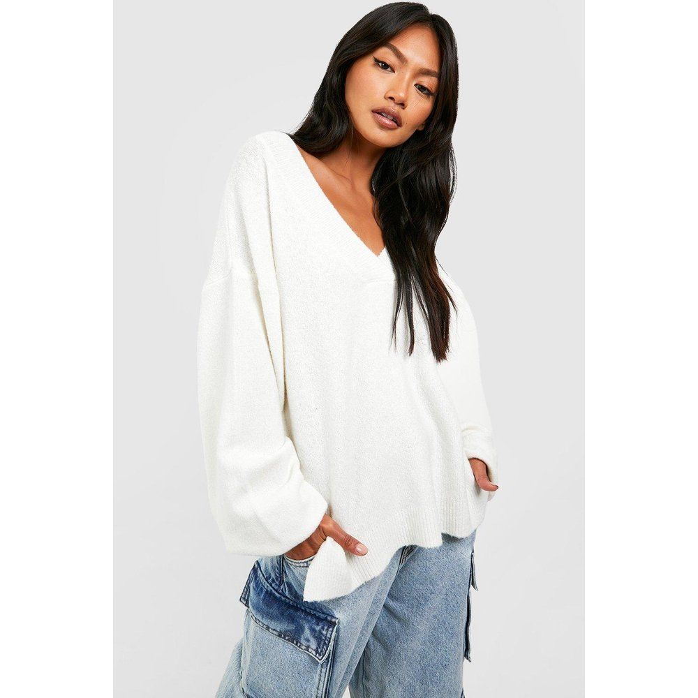 Pull Doux À Col V - Blanc Écru - S, Blanc Écru - boohoo - Modalova