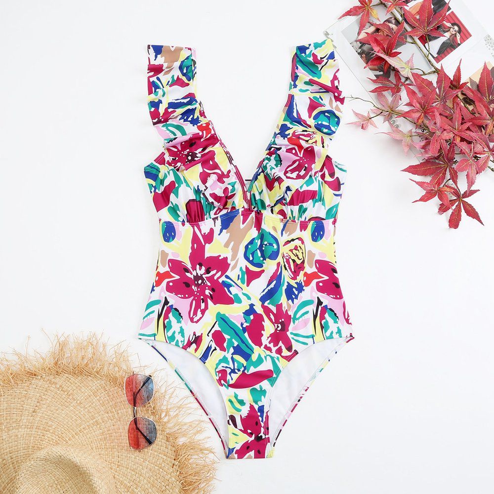 Maillot de bain une pièce fleuri à volants - SHEIN - Modalova