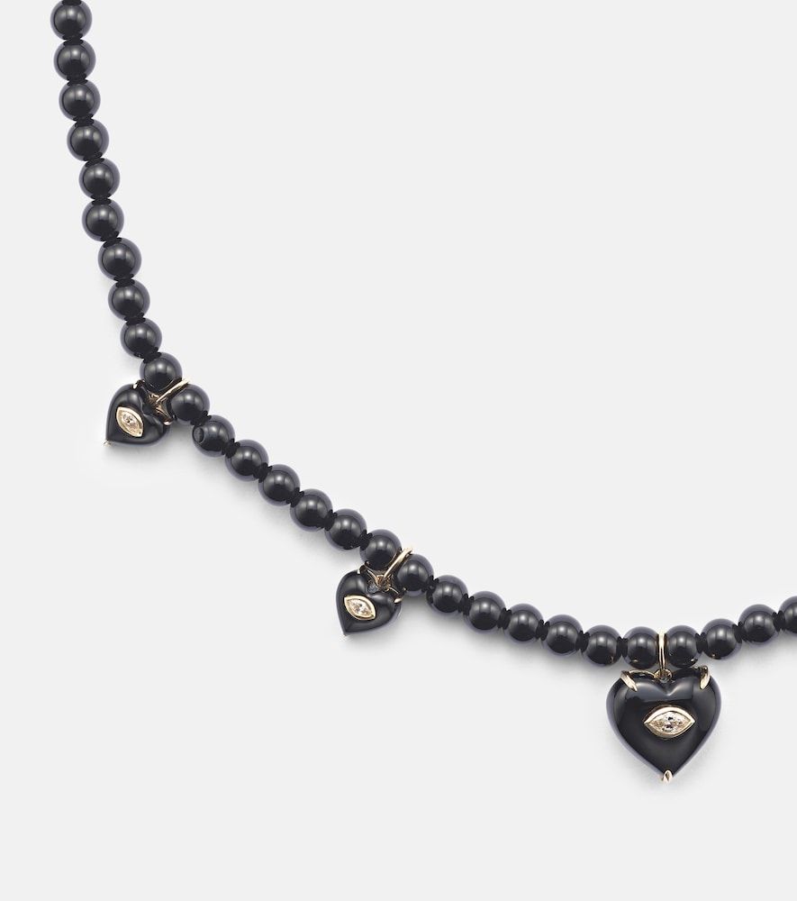Collier Carved Heart en or 14 ct, perles, diamants et onyx - Sydney Evan - Modalova