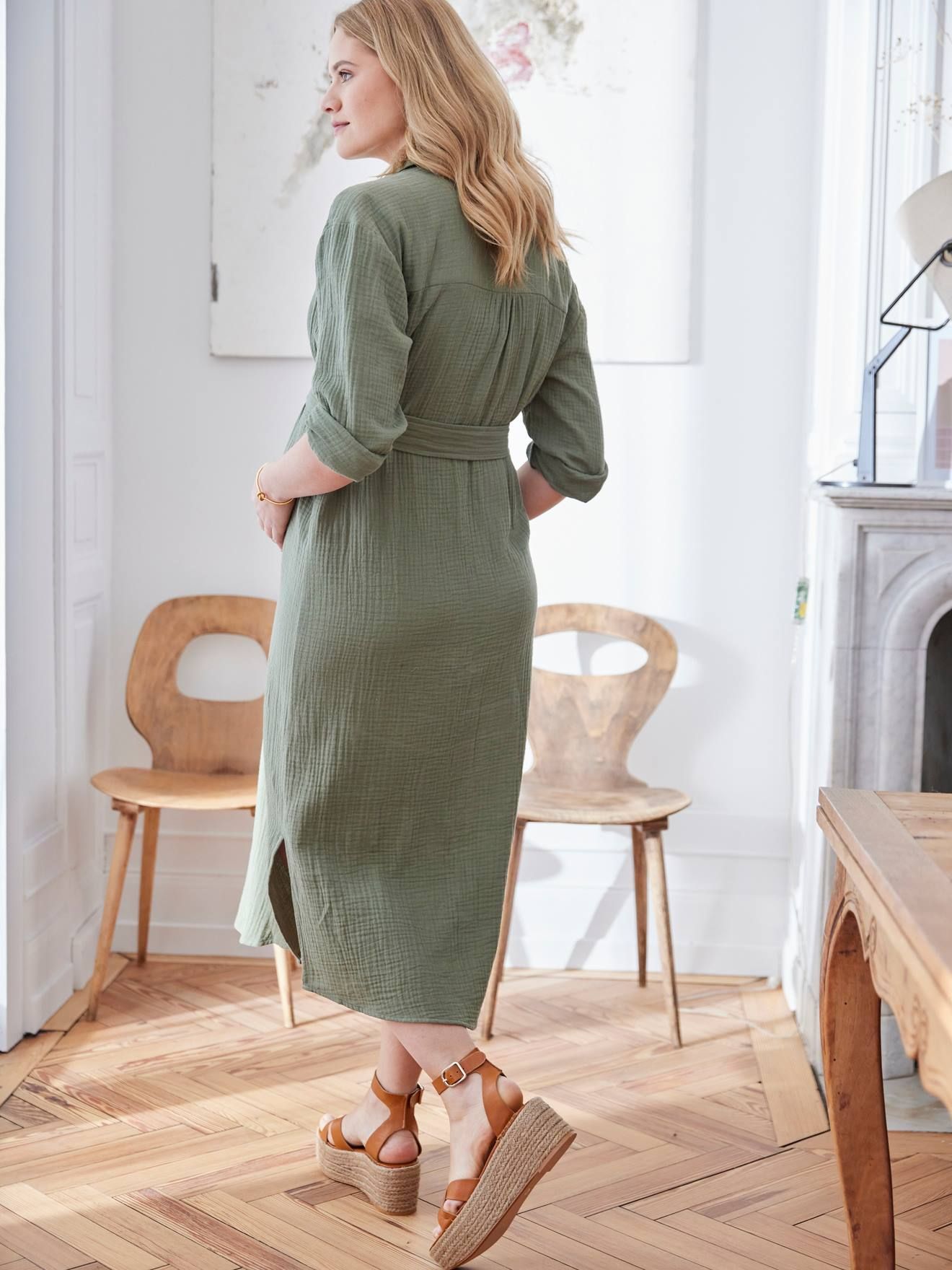 Robe-chemise longue gaze de coton grossesse et allaitement olive - Vertbaudet - Modalova