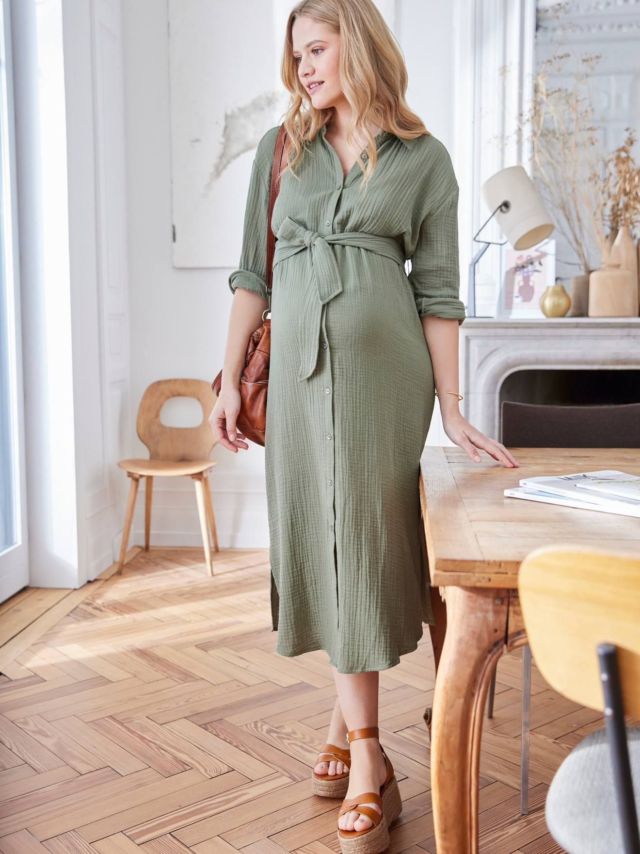 Robe-chemise longue gaze de coton grossesse et allaitement olive - Vertbaudet - Modalova