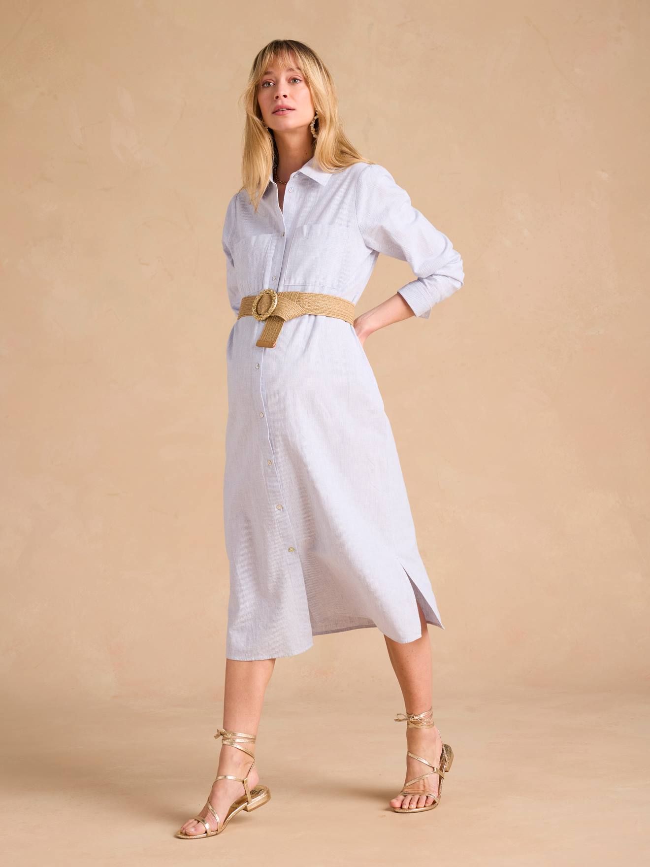 Robe chemise longue en lin mélangé grossesse et allaitement coton effet lin rayé - Envie De Fraise - Modalova