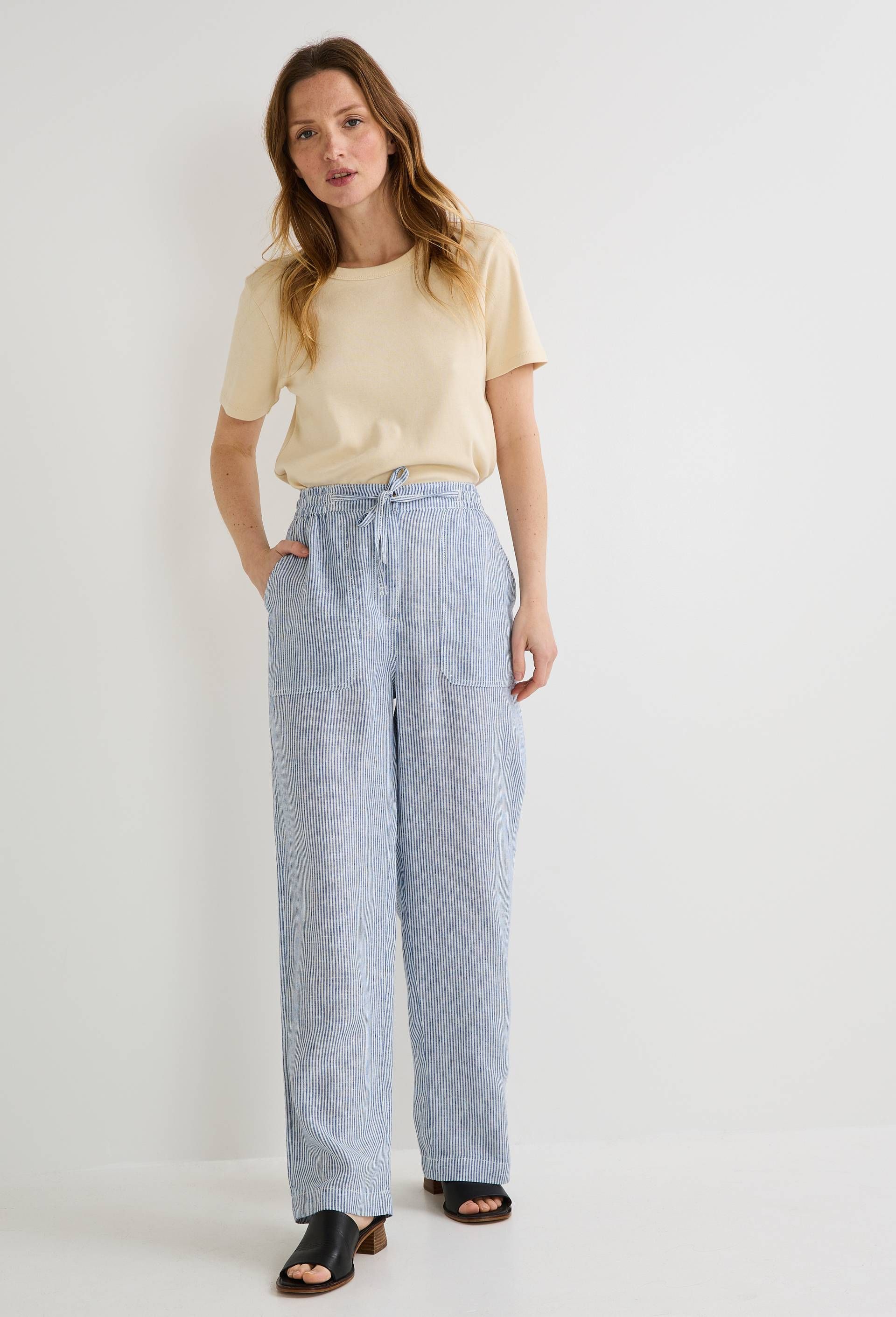 Pantalon taille semi élastiquée à rayures en lin - MONOPRIX PREMIUM - Modalova